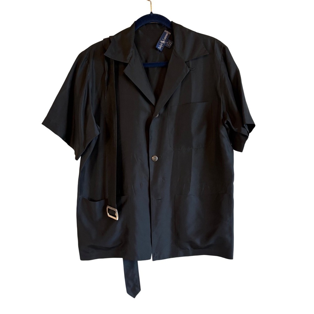 Ralph Lauren Womens Black 100% Silk Short Sleeve Belted Safari Shirt Jacket SZ 8